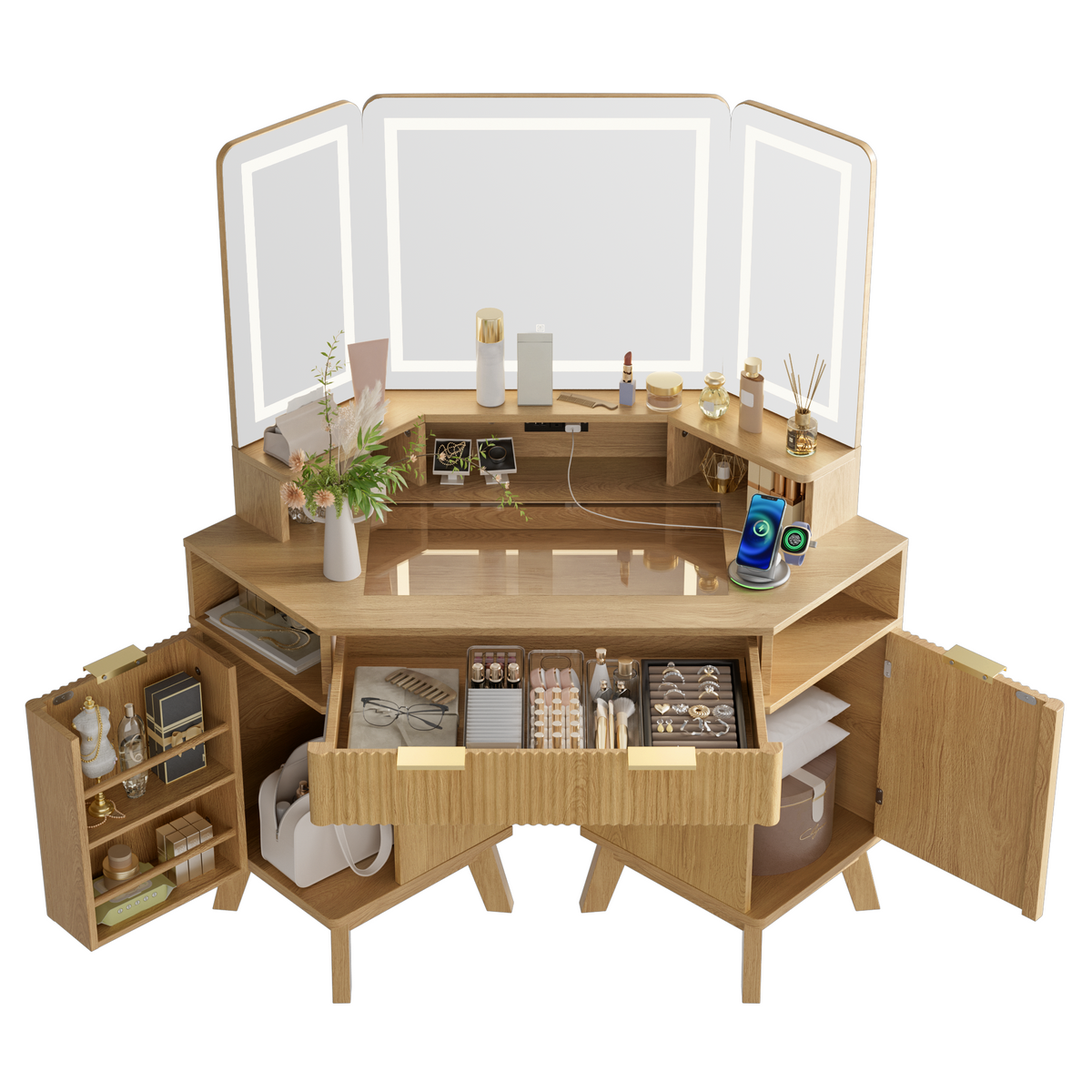 variant-group:rf-n704p392485n|Roomfitters 47.2" Corner Makeup Vanity Desk with 3-Panel LED Mirror, Glass Top, Charging Station and Storage Hutch, Oak