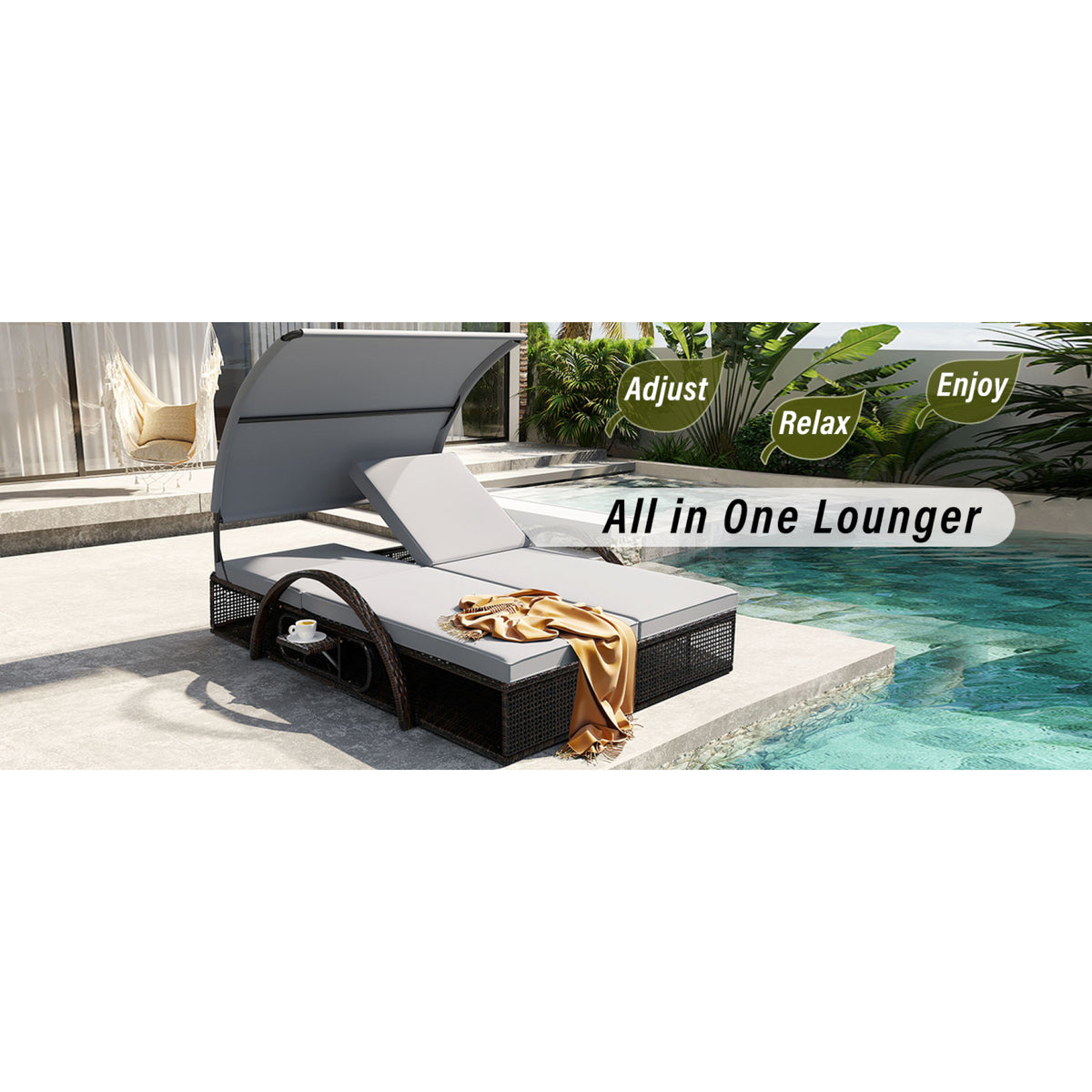 variant-group:rf-n711wy000485aae|Roomfitters Slate Grey HDPE Wicker Outdoor Double Sunbed, Steel Frame Patio Chaise, Hidden Side Tables, Canopy