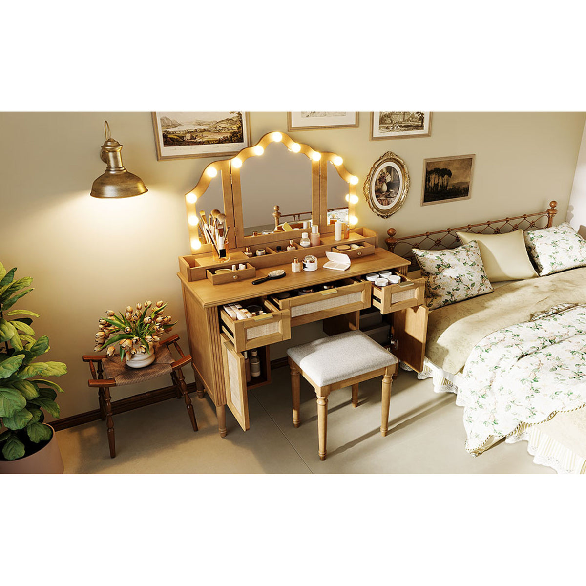 variant-group:rf-n704p342558n|Roomfitters 44-Inch Bohemian Makeup Vanity Desk with 13 Hollywood Bulbs Tri-Fold Mirror and Bamboo Drawers Natural