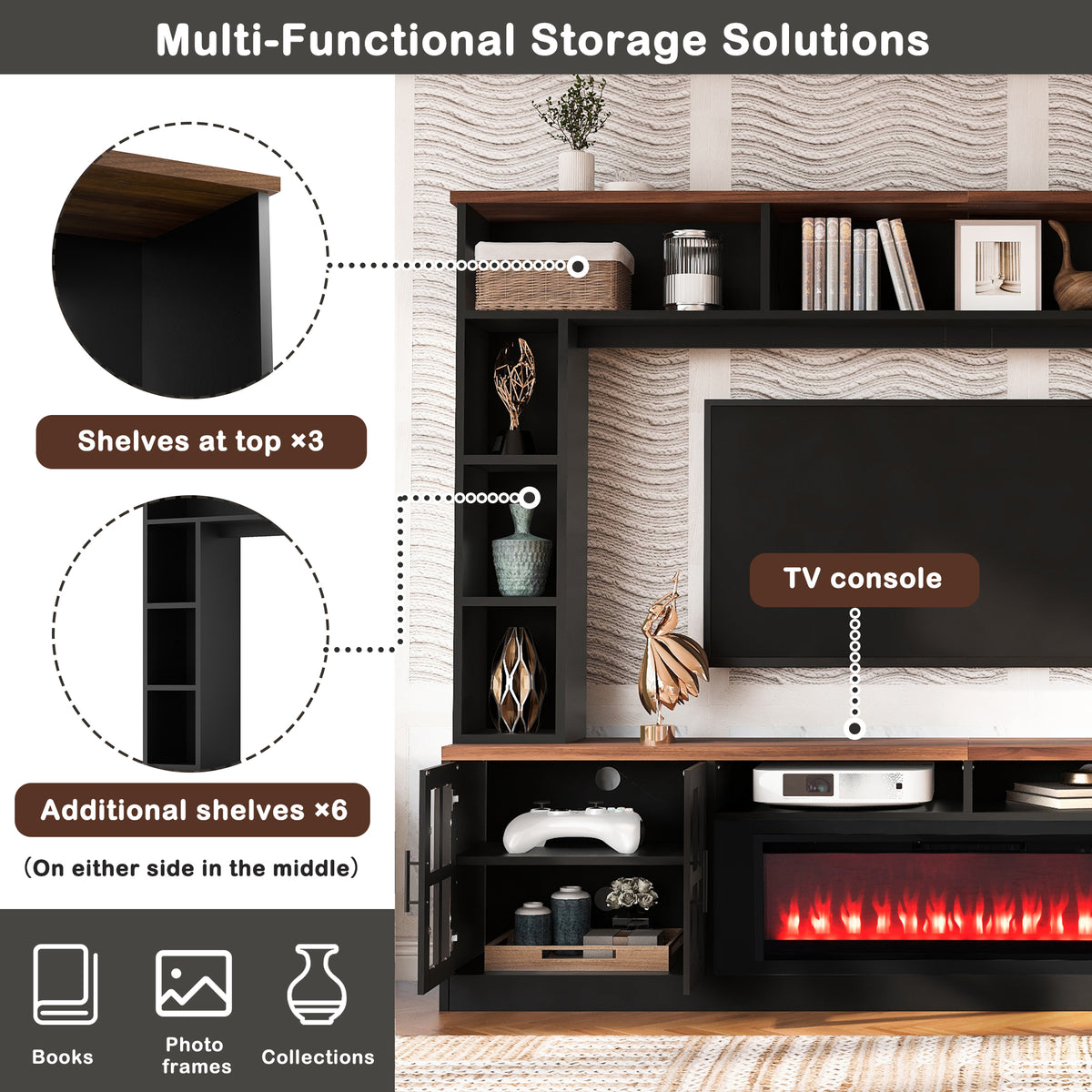 variant-group:rf-n724sj000159aab|Roomfitters 95.5"W Large Wall Unit Entertainment Center, 39" LED Fireplace, Black & Brown