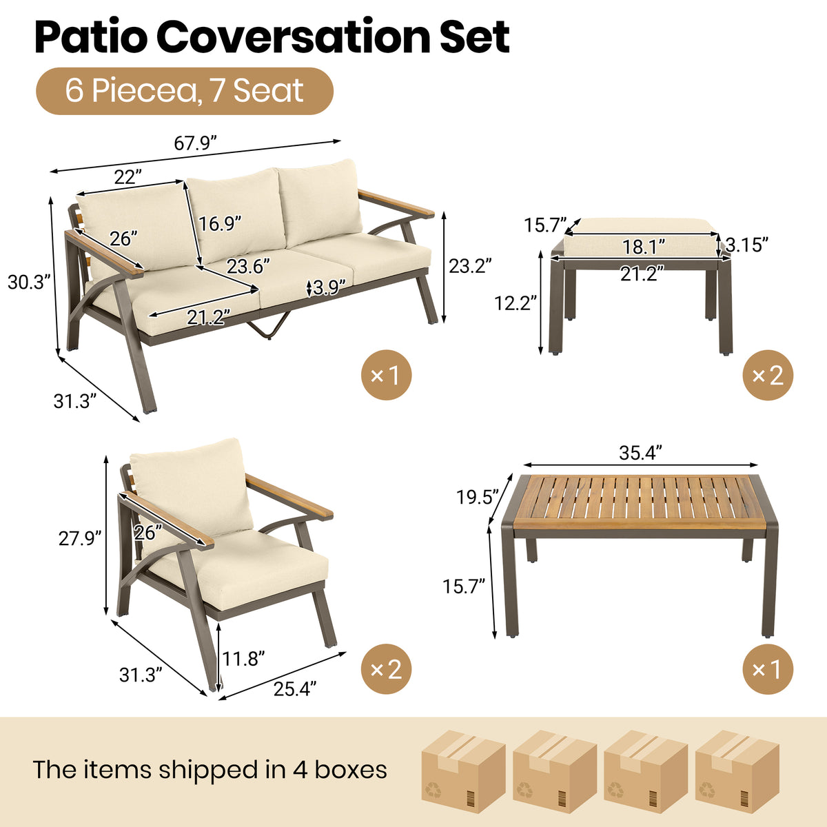 variant-group:rf-n704g201256a|Roomfitters 6-Piece Steel Conversation Set with 3-Seat Sofa Multi-Functional Ottomans and Acacia Wood Table Beige