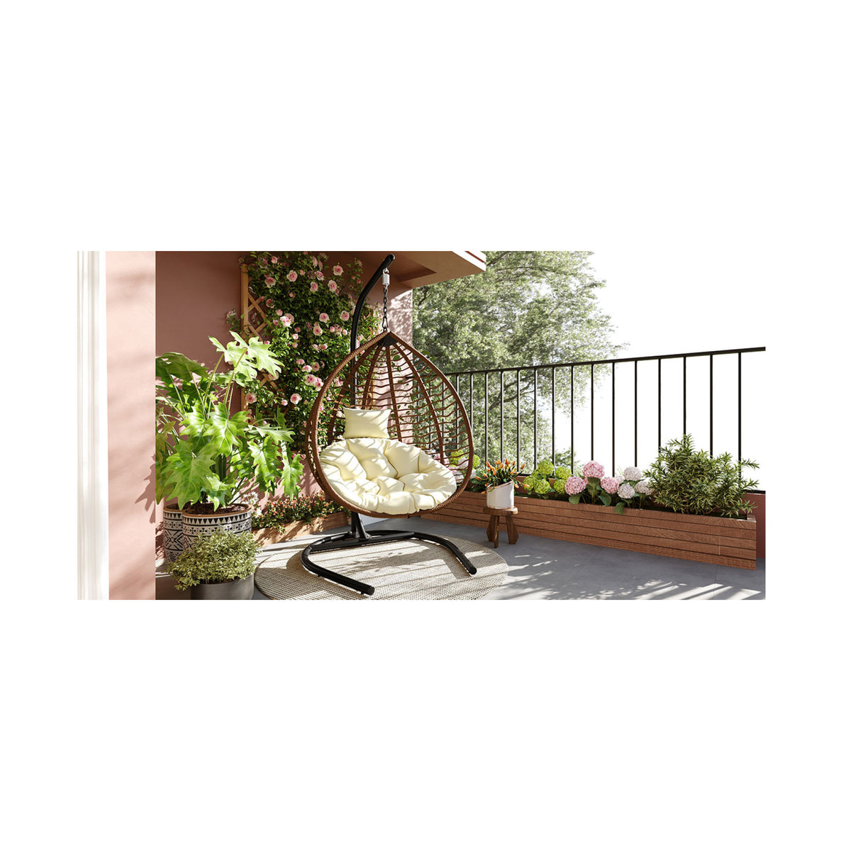 variant-group:rf-n711p389502k|Roomfitters Indoor Outdoor Hanging Egg Hammock Chair with Stand, Wicker Rattan Swing for Patio and Bedroom, Brown+Beige