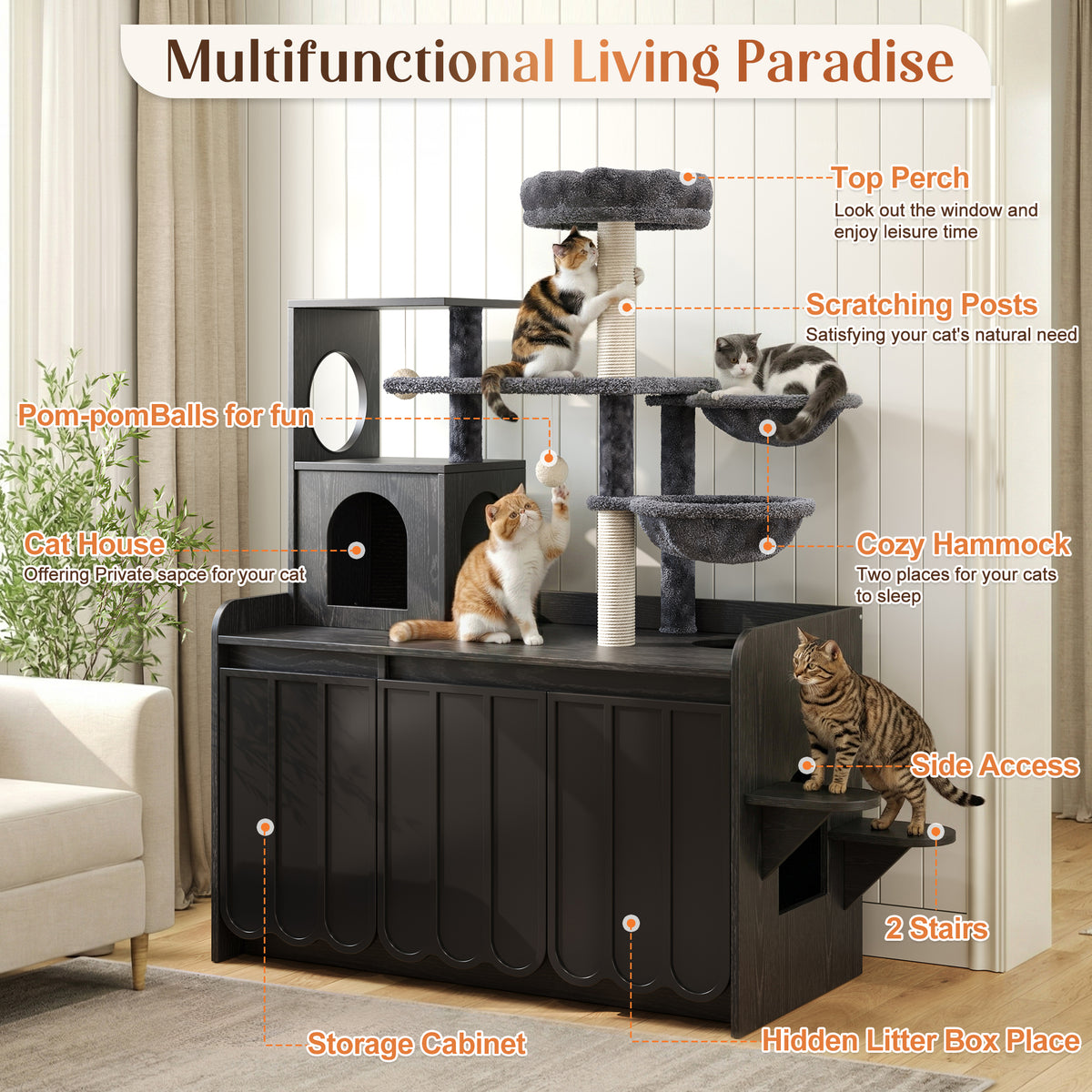 variant-group:rf-n704p443505b|Roomfitters All-in-One Modern Multi-Level Cat Tree Tower Condo with Hidden Litter Box Enclosure Space Black