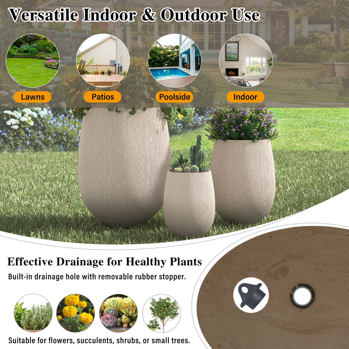 variant-group:rf-n711p406659a|Roomfitters Modern Egg-Shaped MGO Planter Set, 3-Piece Textured Faux Stone Flower Pots, Beige Patio Garden Urns