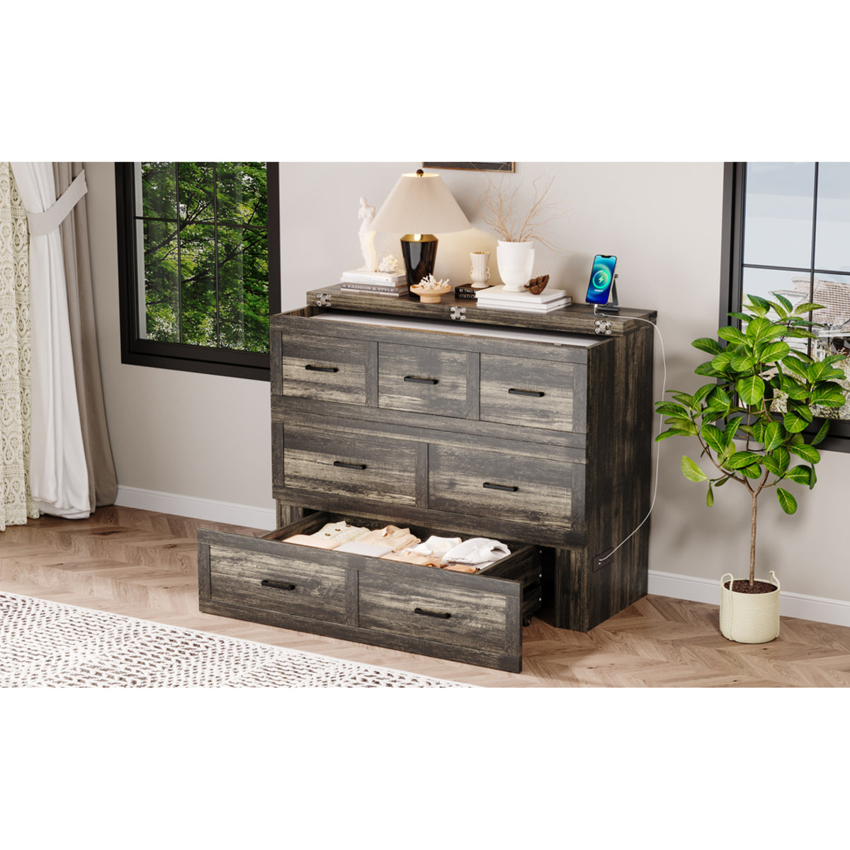 variant-group:rf-n733s293995g|Roomfitters Full Size Murphy Bed Cabinet with Charging Station, Foldable Platform Bed with Storage Drawer, Rustic Gray