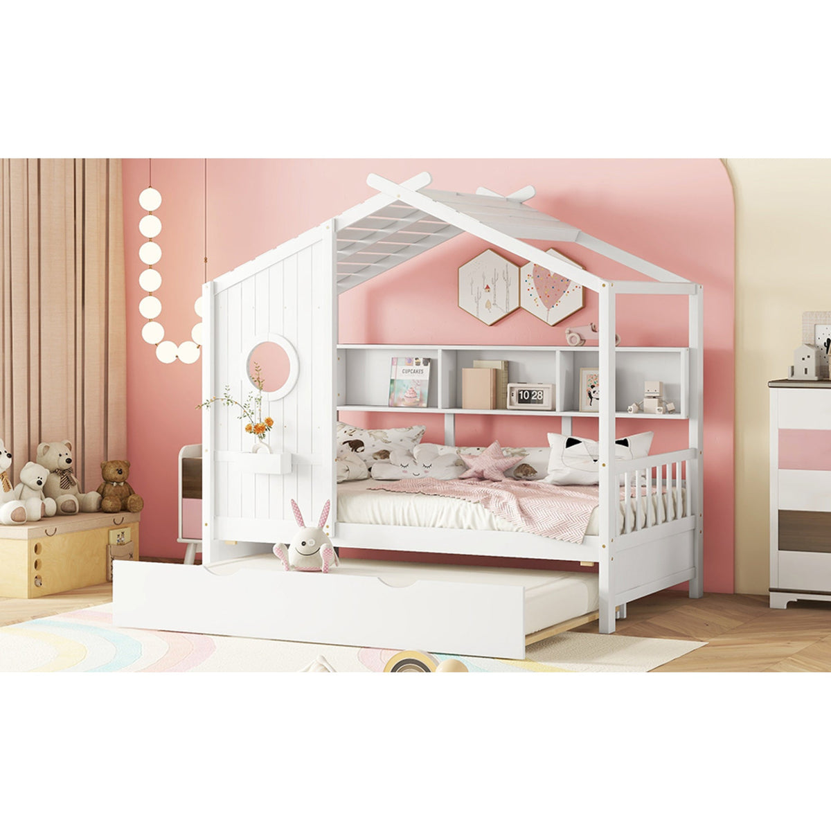 Roomfitters Wooden Twin Size House Bed with Trundle and Storage Shelf, White