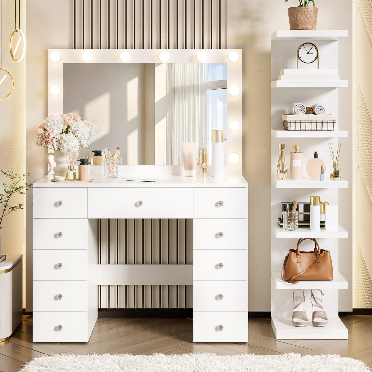 Roomfitters White Makeup Vanity Desk with 11 Hollywood LED Bulbs 7-Tier Side Storage Display Shelves and 11 Drawers Roomfitters