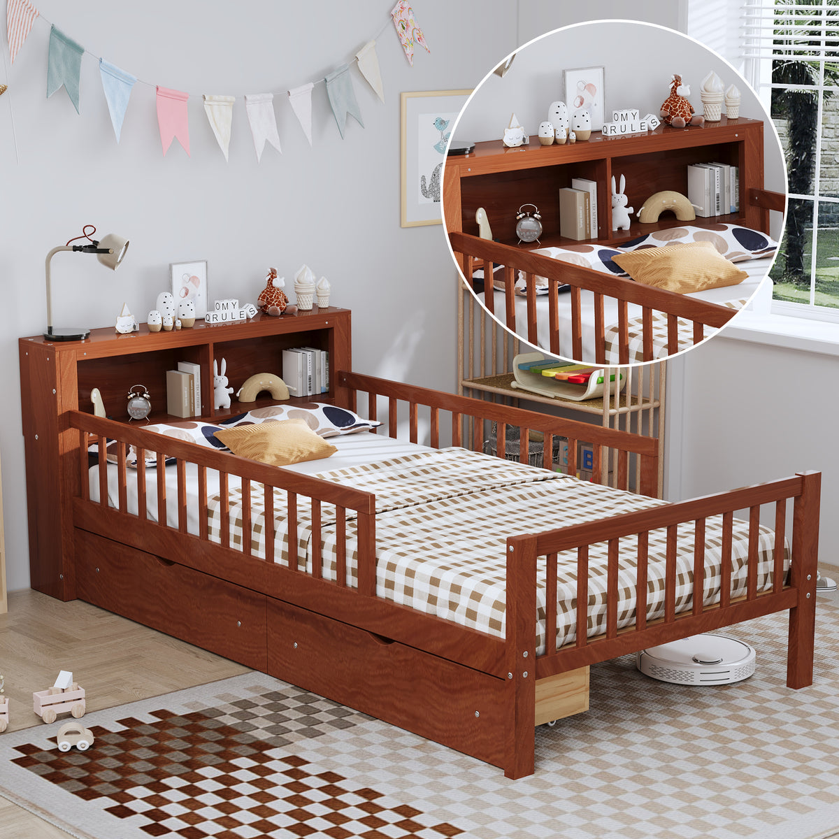 variant-group:rf-n733p272374d|Roomfitters Twin Bed with Headboard Storage Rack, Under-Bed Storage and Three-Side Guardrails, Walnut