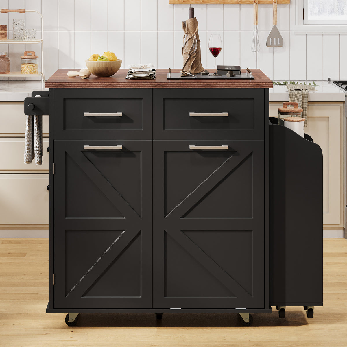 variant-group:rf-n707p307296b|Roomfitters 47.2" Farmhouse Kitchen Island with Drop Leaf, Tilt Trash Can Cabinet, Removable Mobile Side Racks, Black