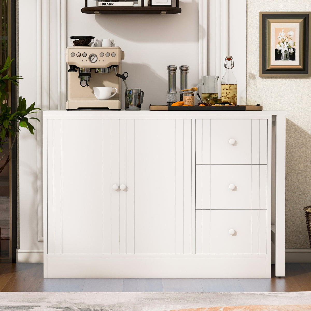 variant-group:rf-n711p334768k|Roomfitters Extendable Sideboard Buffet Cabinet with Storage, Multifunctional Console Table for Dining Room, White