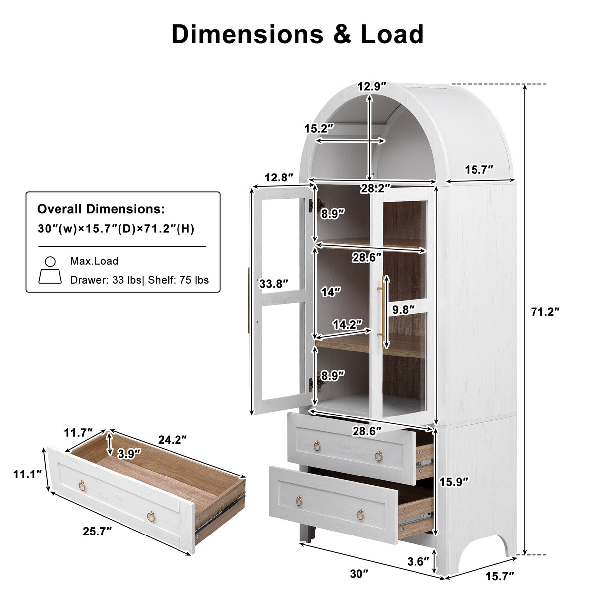 variant-group:rf-n707p288972w|Roomfitters 71" Pantry Cabinet with Arched Top and Glass Doors, 2 Storage Drawers and Adjustable Shelves for Kitchen, White