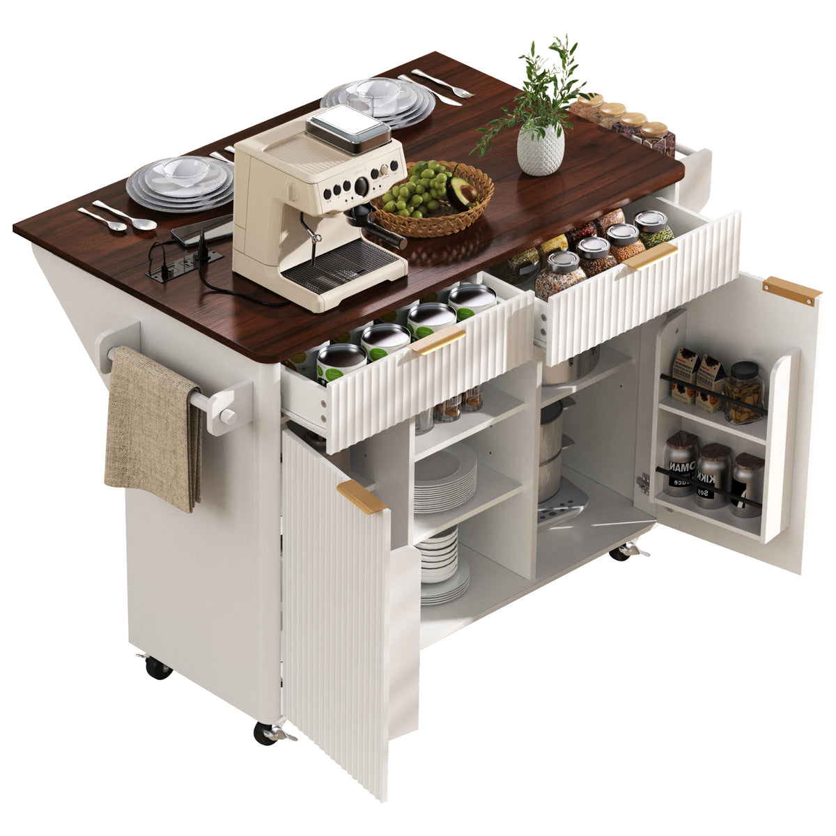 variant-group:rf-n707s000019w|Roomfitters 52" Fluted Kitchen Island with Drop Leaf, Power Outlet & Walnut Wood-Grain Top, White