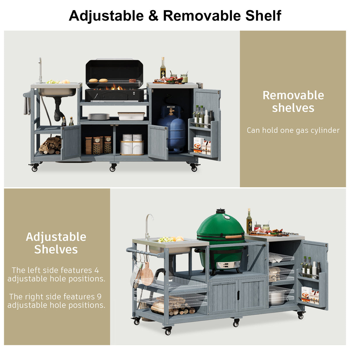 variant-group:rf-n707s000022g|Roomfitters 75.4" Outdoor Kitchen Island with Sink, Fir Wood Grill Cart for XL Green Egg & Tabletop Grills, Grey Blue