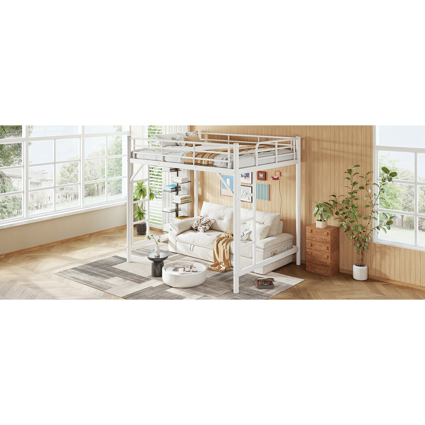variant-group:rf-w1580p455016|Roomfitters Full Size Metal Loft Bed Frame with Guardrails, Heavy Duty Space Saving High Loft Bed Dual Ladders, White