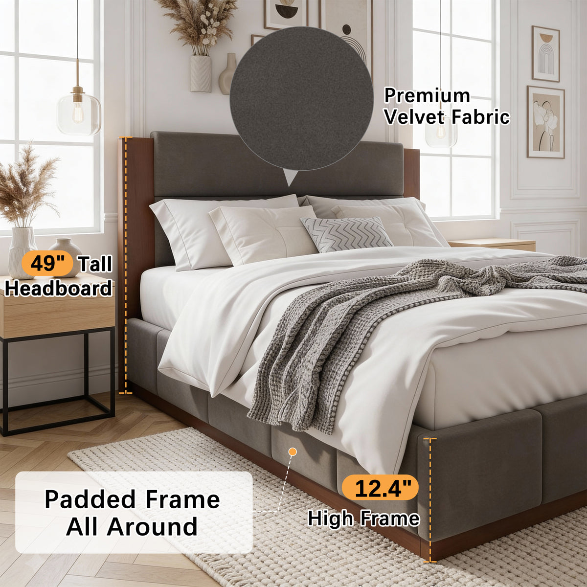 variant-group:rf-n701bs701p388103e|Roomfitters Queen Size Upholstered Platform Bed Frame, Extended Wood Headboard Velvet Bed, No Box Spring Needed, Grey