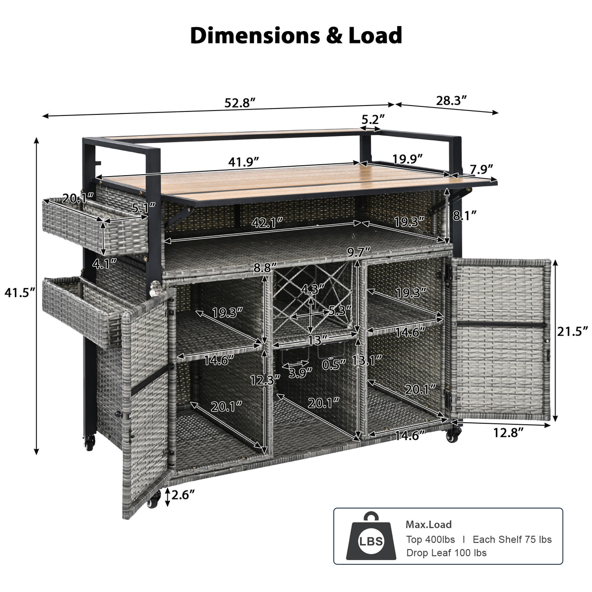 variant-group:rf-n707p233747g|Roomfitters 52.8" Wicker Outdoor Grill Cart with Plastic Wood Table, Rolling Island with Storage Cabinet, Double Handles, Grey