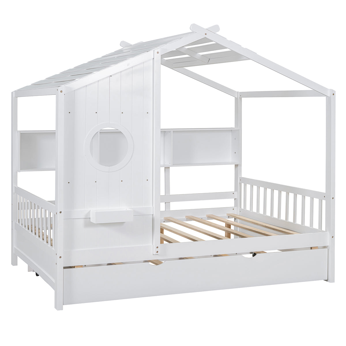 variant-group:rf-n733s316125k|Roomfitters Wooden Full Size House Bed with Trundle and Storage Shelf, White
