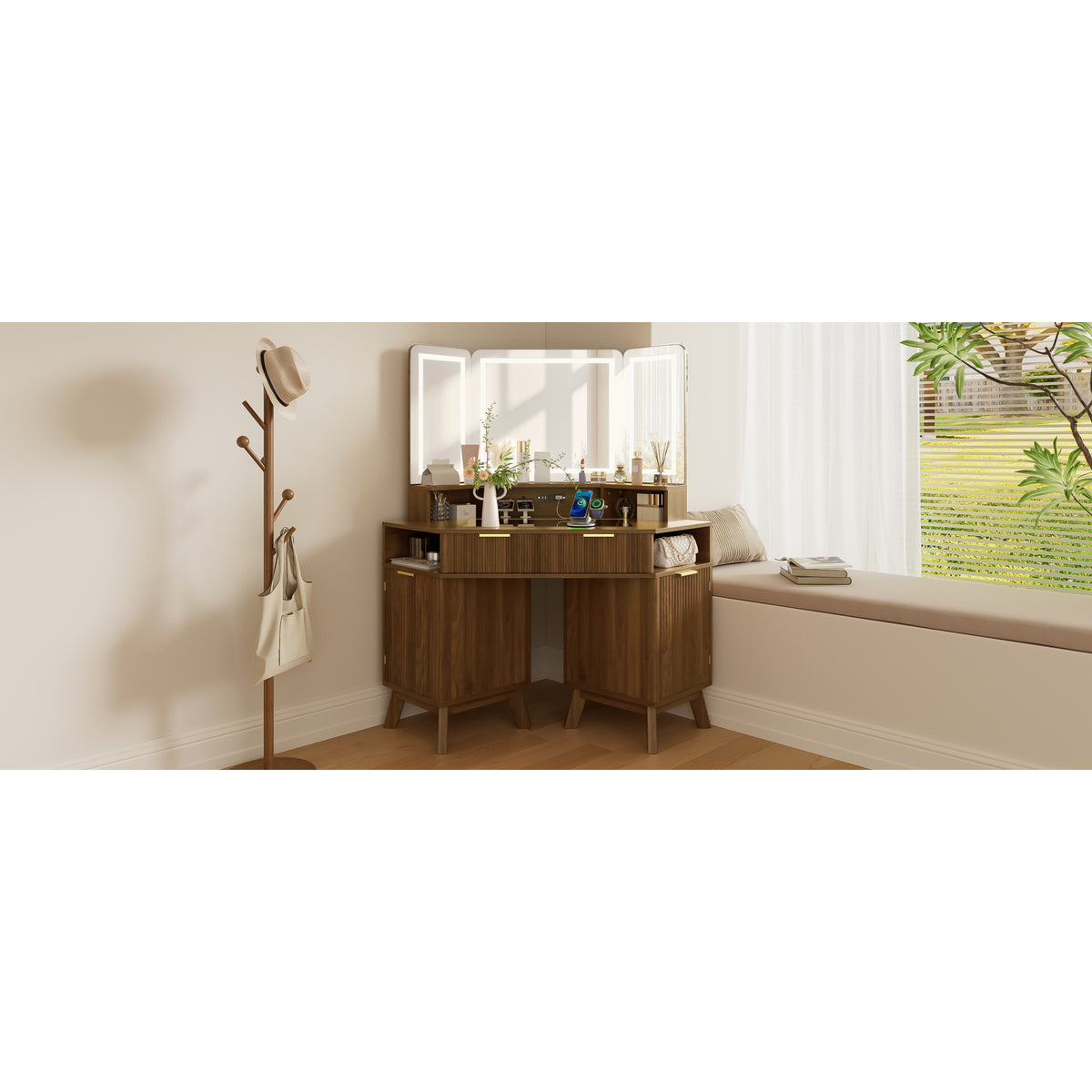 variant-group:rf-n704p392485p|Roomfitters 47.2" Corner Makeup Vanity Desk with 3-Panel LED Mirror, Glass Top, Charging Station and Storage Hutch, Walnut
