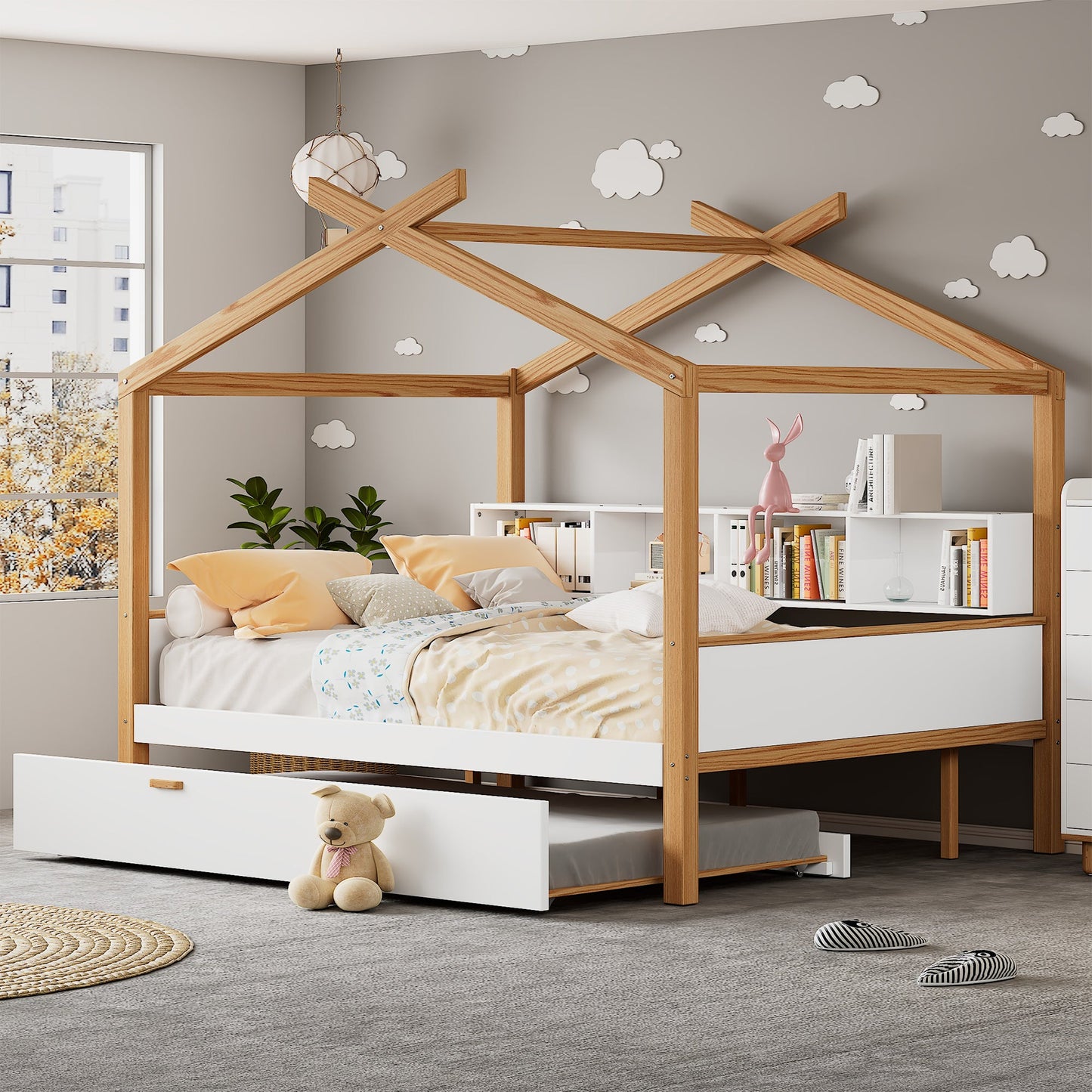 Roomfitters Full Size Wooden House Bed with Trundle and Bookshelf Storage, Solid Wood Frame for Guest Room, White Roomfitters