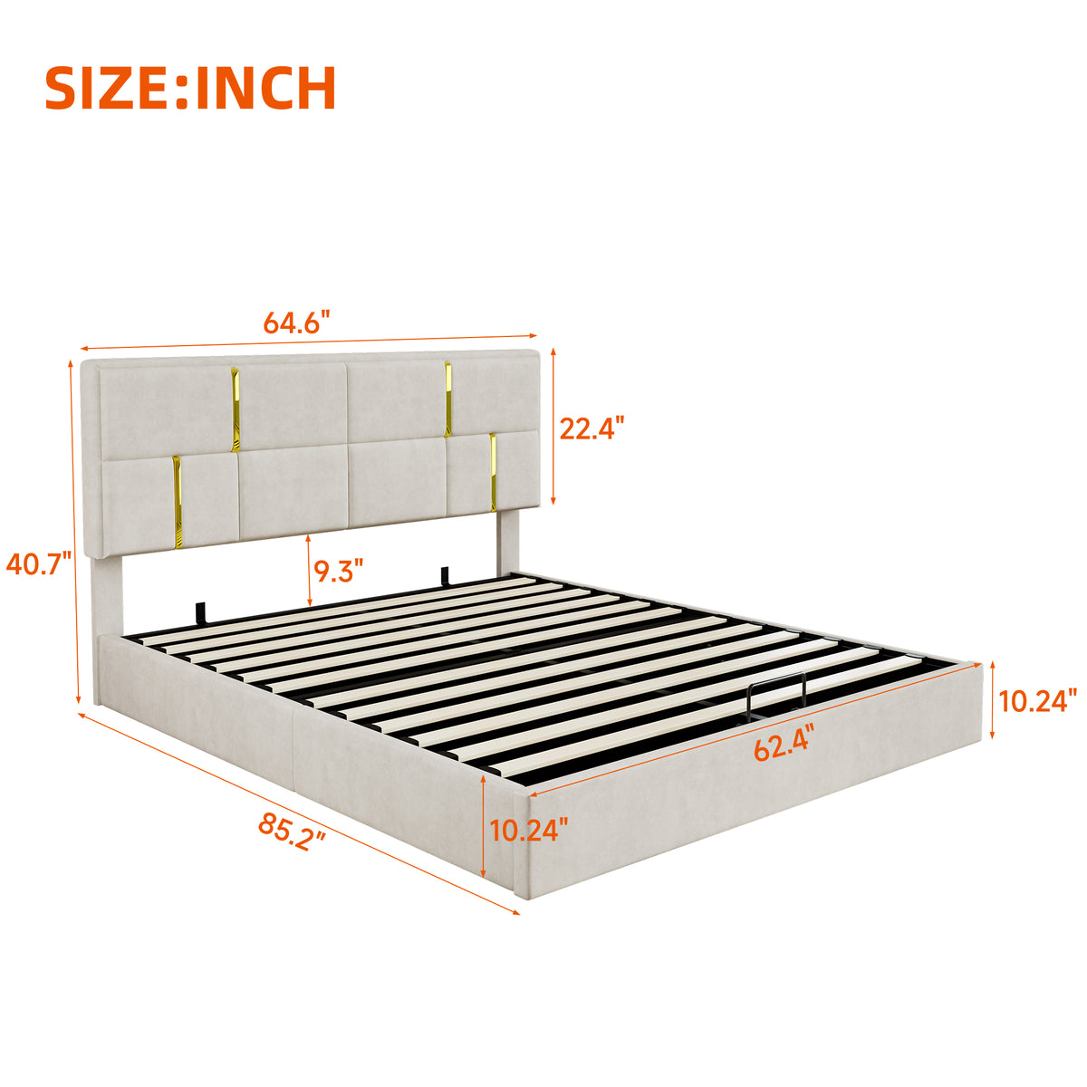 variant-group:rf-n733s362241a|Roomfitters Queen Upholstered Platform Bed with Hydraulic Storage Lift, Modern Bed Frame, No Box Spring Required, Beige