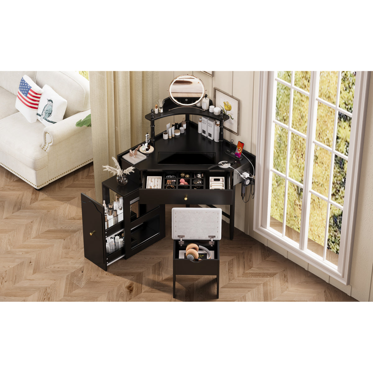 variant-group:rf-n733p336237b|Roomfitters Corner Vanity Desk Set with Stool, Charging Station, Glass Top, Drawer, Shelf, Pull-Out Cabinet, Black