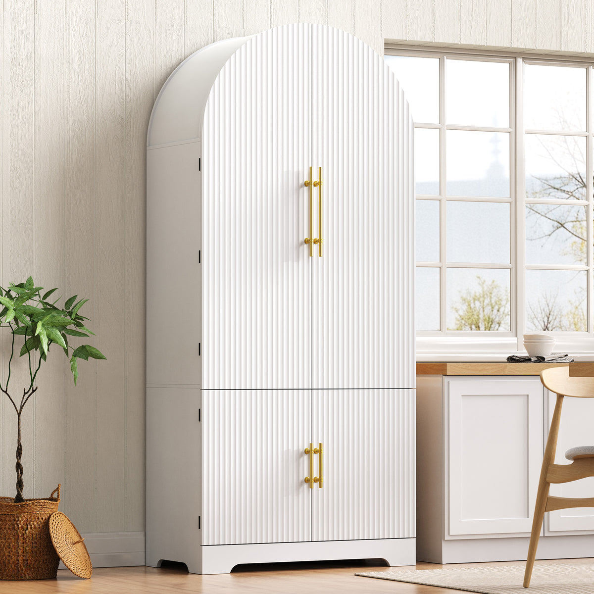 variant-group:rf-n707s000020w|Roomfitters 72" Tall Arched Kitchen Pantry Cabinet with Fluted Doors & Hidden Drawer, White