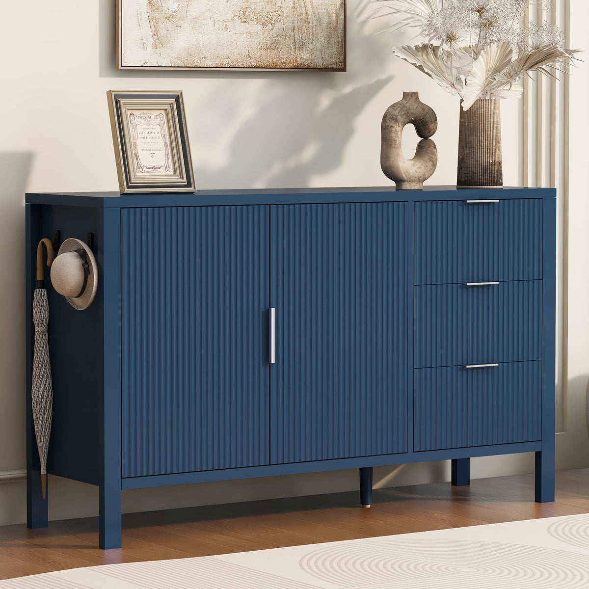 variant-group:rf-n711p345172v|Roomfitters Sideboard Buffet Cabinet with 3 Drawers, 2 Door Mid-century Fluted Accent Storage for Kitchen & Dining, Navy Blue