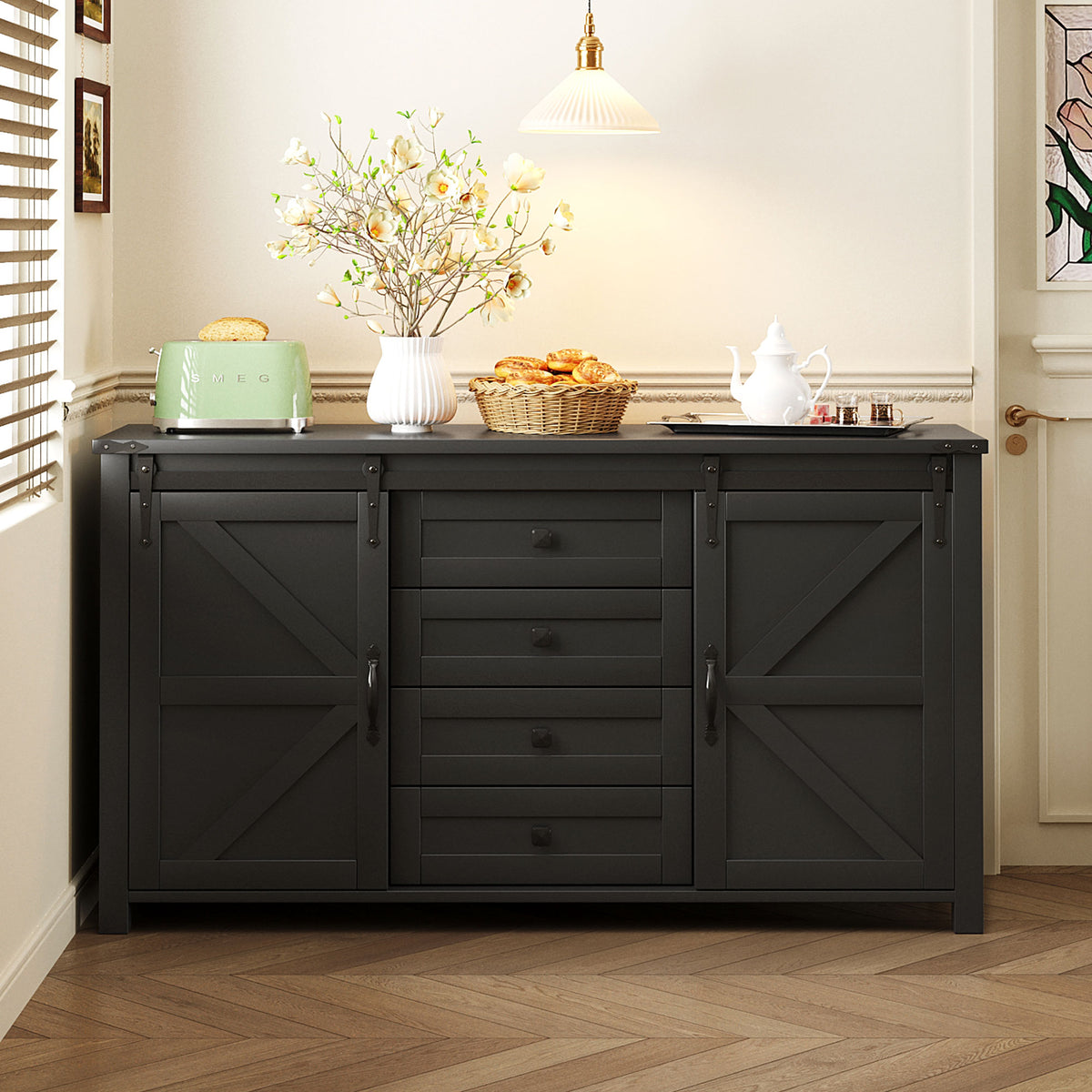 variant-group:rf-n711p347377b|Roomfitters 55.1" Storage Cabinet with 4 Drawers and Sliding Barn Doors, Farmhouse Sideboard Buffet for Kitchen & Dining, Black