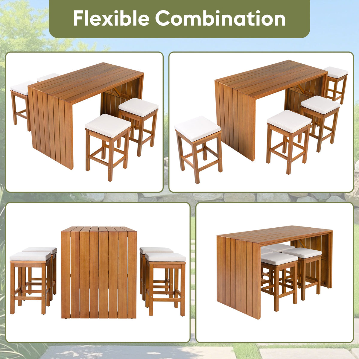 Roomfitters 5 Piece Outdoor Bar Set with High Top Dining Table and 4 Cushioned Backless Stools, Patio Furniture, Beige+Natural Roomfitters