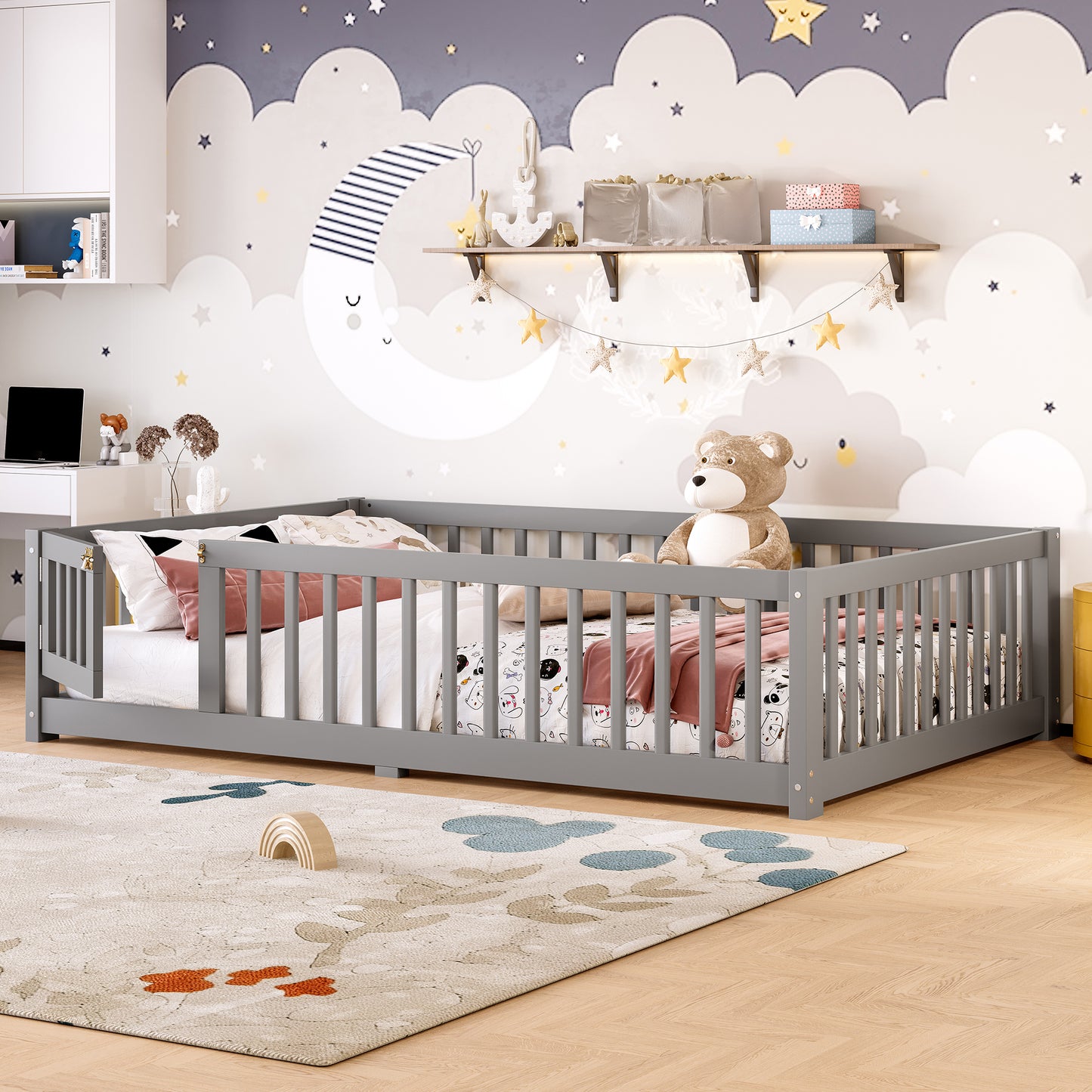 variant-group:rf-w1580p338951|Roomfitters Wooden Full Floor Bed Frame with Door & Safety Guardrails, Low Platform Design for Bedroom or Playroom, Gray