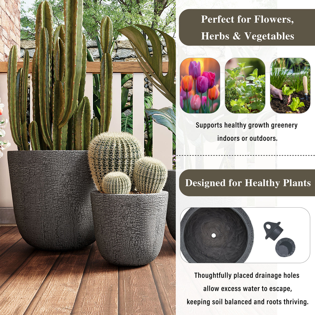 variant-group:rf-n711p406660e|Roomfitters Lightweight MGO Planter Set of 3, Round Weather Resistant Outdoor Indoor Flower Pots for Garden Patio, Gray