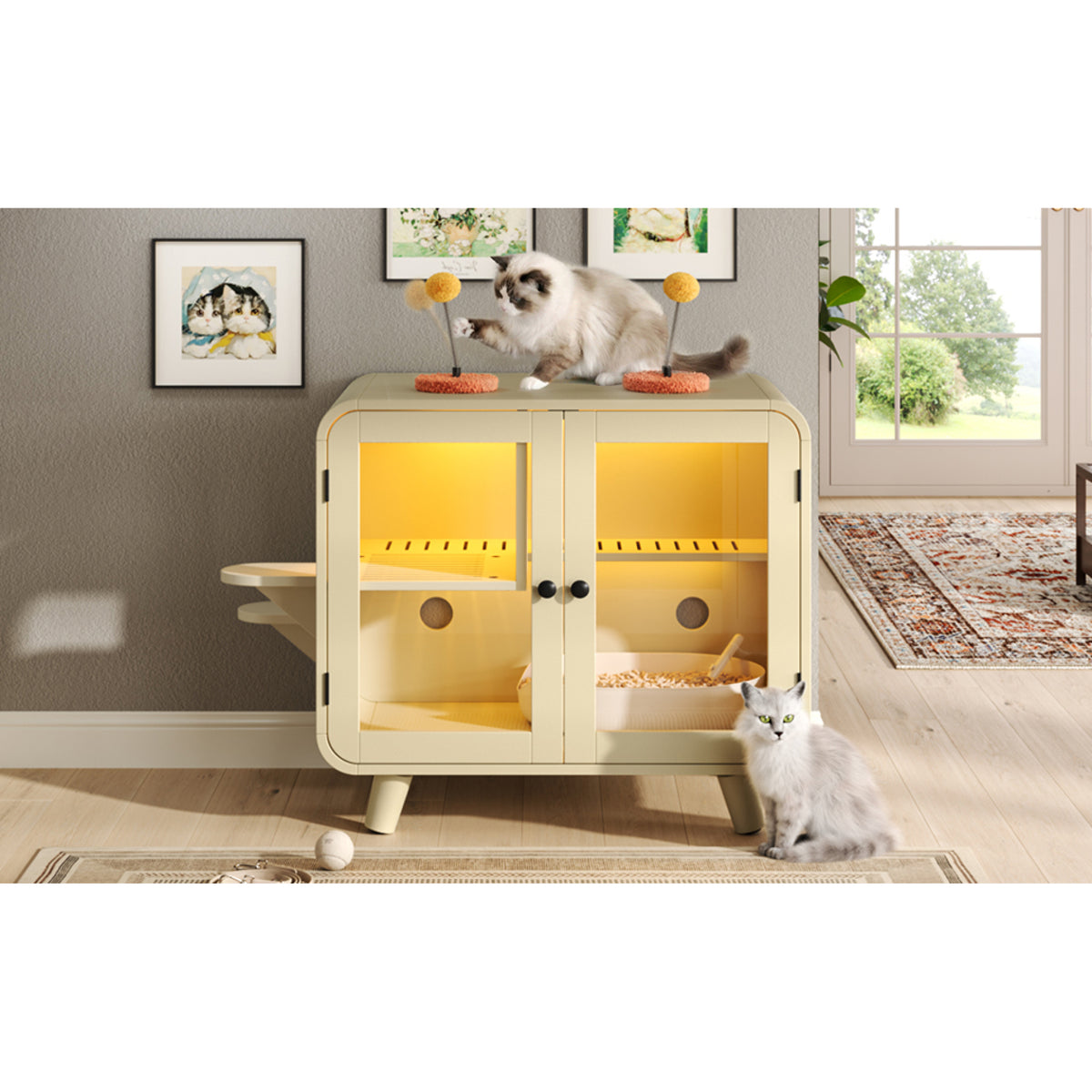 variant-group:rf-n704p419240a|Roomfitters Retro TV-Style Hidden Cat Litter Box Enclosure with App Controlled RGB LED Lights and Stairs Beige