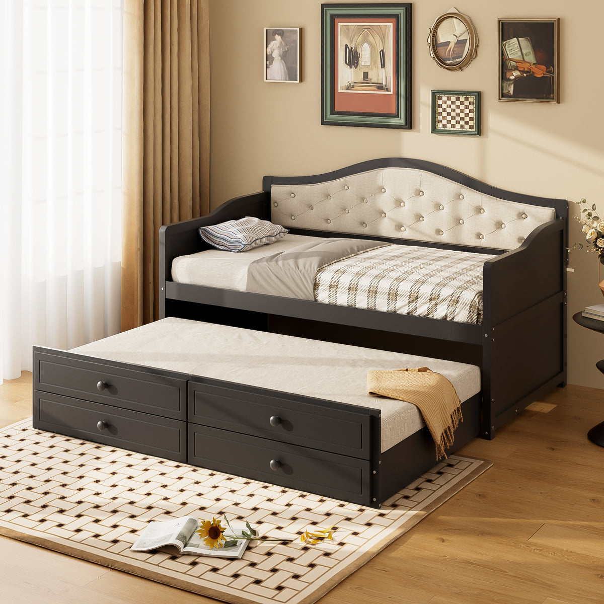 variant-group:rf-n733s346767p|Roomfitters Twin Daybed with Trundle, Wooden Sofa Bed with 2 Storage Drawers & Tufted Backrest, Black