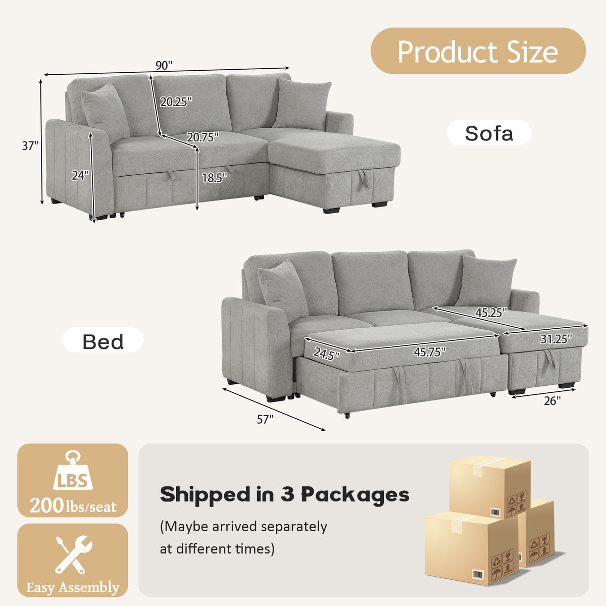variant-group:rf-n711wy000467aae|Roomfitters 90" L-Shaped Sectional Sleeper Sofa with Storage Chaise and Pull Out Bed, Fold Down Cup Holder Table, Grey