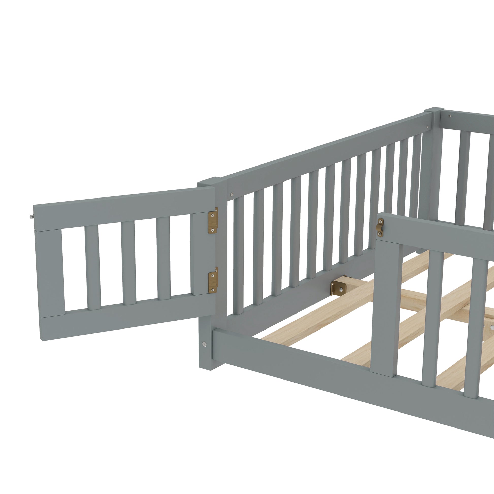 variant-group:rf-w1580p338951|Roomfitters Wooden Full Floor Bed Frame with Door & Safety Guardrails, Low Platform Design for Bedroom or Playroom, Gray