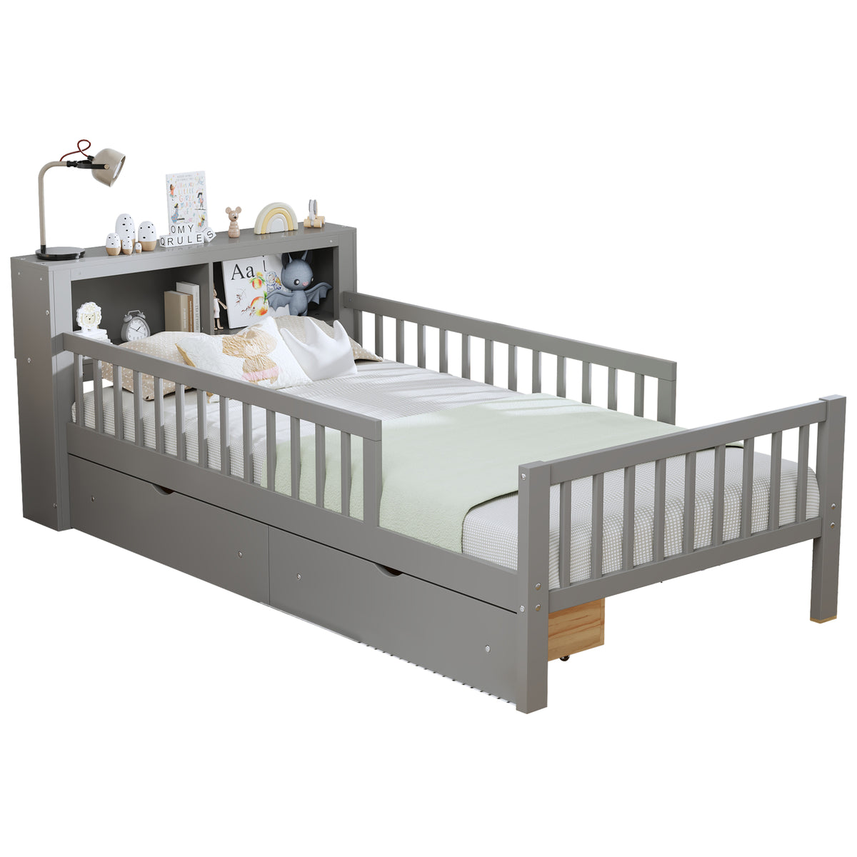 variant-group:rf-n733p272374e|Roomfitters Twin Bed with Headboard Storage Rack, Under-Bed Storage and Three-Side Guardrails, Gray