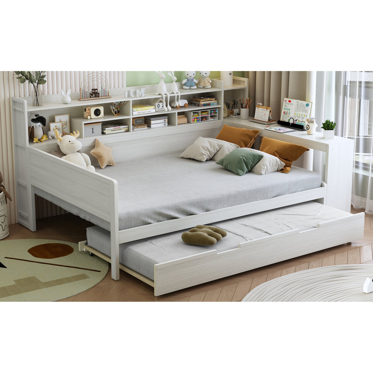 Roomfitters Wooden Full Size Daybed with Storage Shelves, Multi-functional Bed with Twin Size Trundle Bed and Study Desk, Antique White
