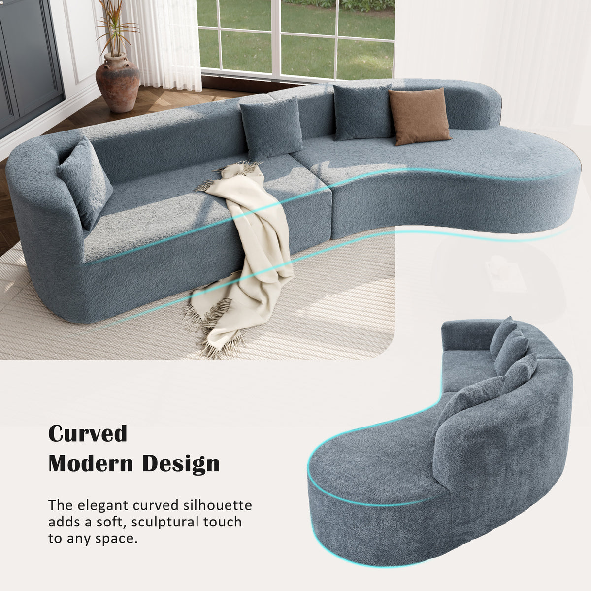 variant-group:rf-n711wy000456aae|Roomfitters 132" Sectional Sofa, Modern Curved Design L-Shaped Modular Couch for Living Room Furniture, Dark Blue