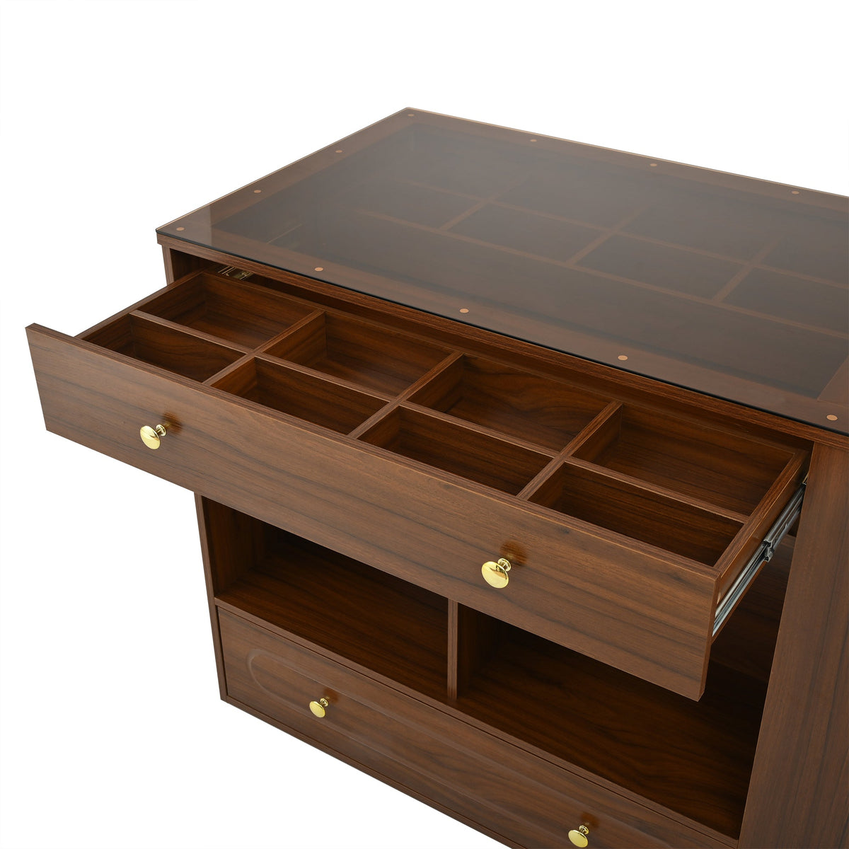 Roomfitters Closet Island with 6 Drawers, Glass Display Top and Open Shelves, Wardrobe Storage and Jewelry Vanity, Walnut