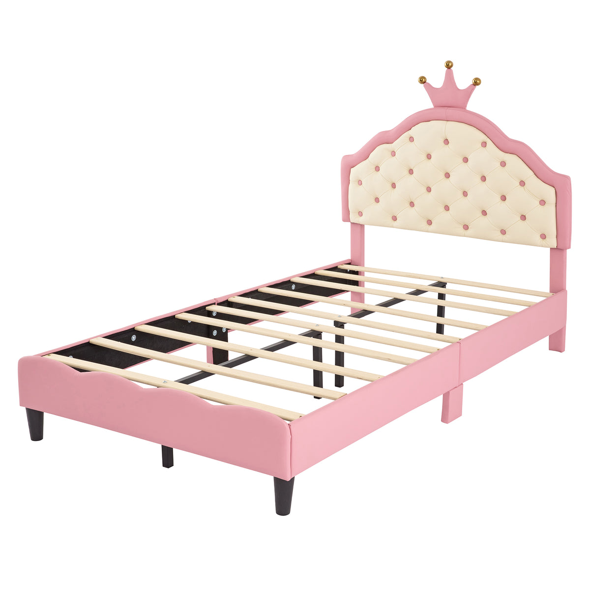 variant-group:rf-n733p198760h|Roomfitters Twin Size Upholstered Princess Bed with Crown Design, Elegant PU Leather Platform Bed with Tufted Headboard for a Stylish Bedroom, Pink + Cream