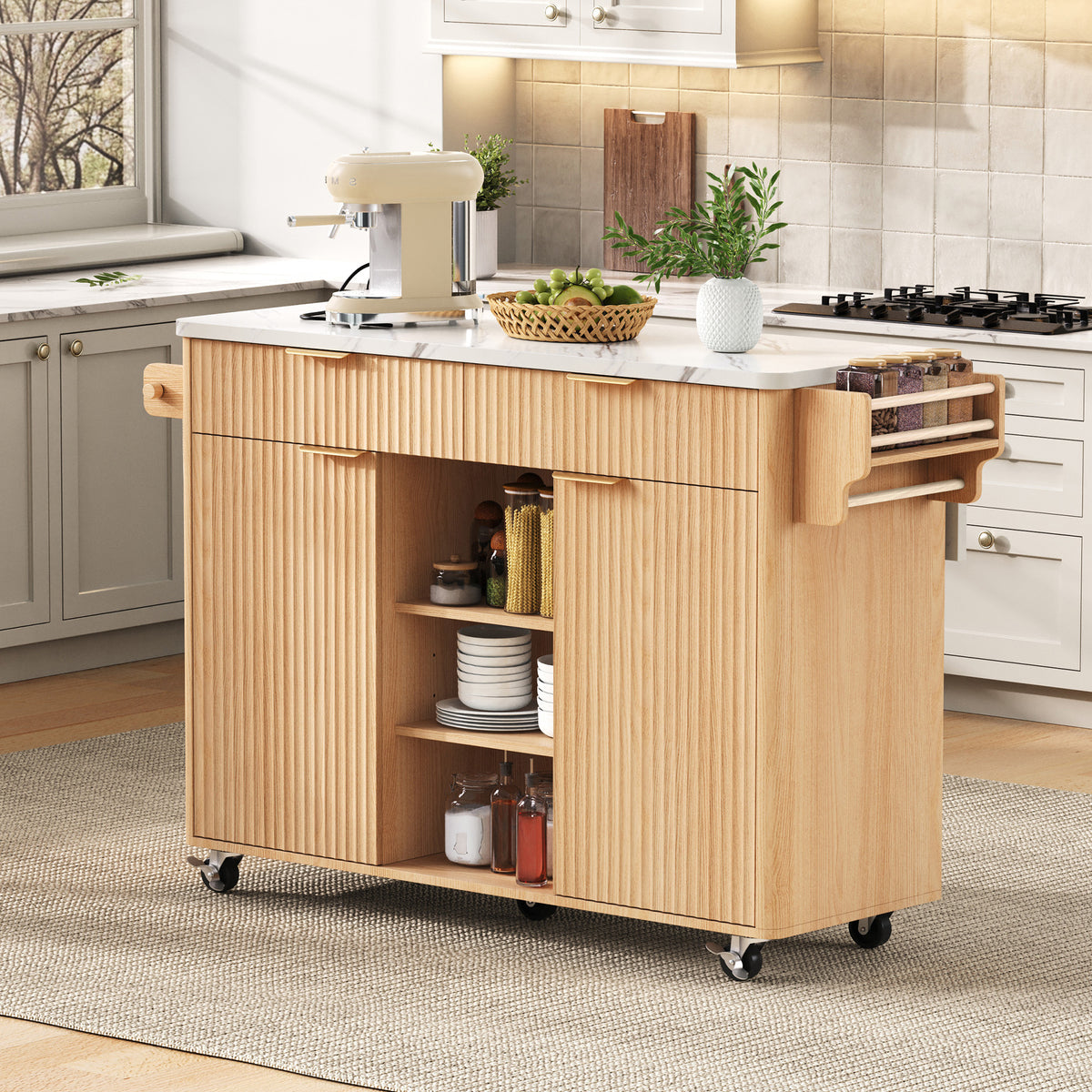 variant-group:rf-n707s000019y|Roomfitters 52" Fluted Kitchen Island with Drop Leaf, Power Outlet & Faux Marble Top, Natural