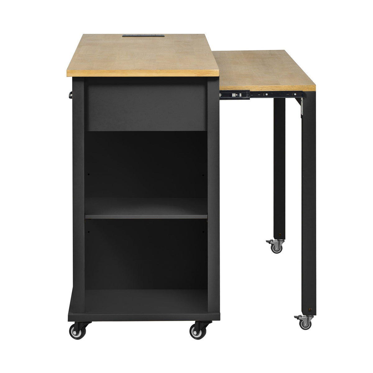 Roomfitters 47" Kitchen Island with Slide-Out Dining Table, Mobile Cart with Built-in Outlets, Internal Racks, Black