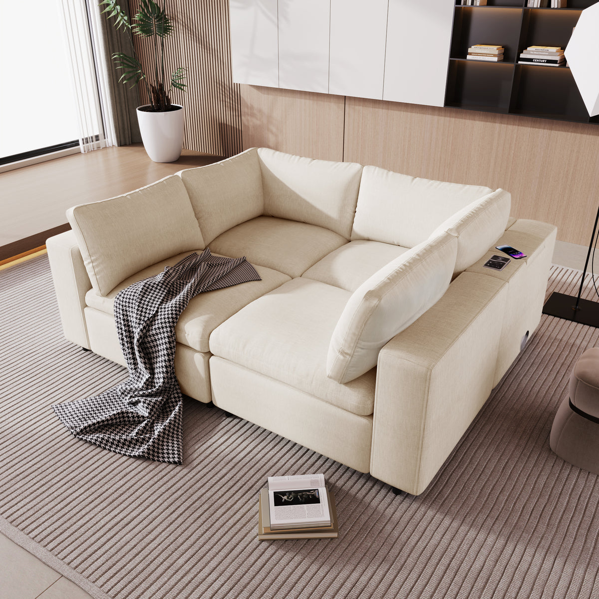 variant-group:rf-n711wy000413aaa|Roomfitters Upholstered Modular Sofa with Storage Space, USB Charging Ports, Wireless Charging, Built-in Bluetooth Speaker, Sectional Sofa for Living Room and Apartment, Beige