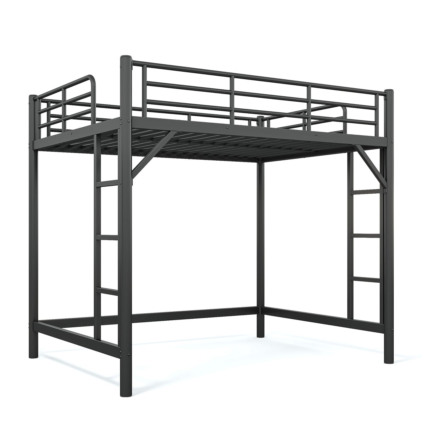 variant-group:rf-w1580p455015|Roomfitters Full Size Metal Loft Bed Frame with Guardrails, Heavy Duty Space Saving High Loft Bed Dual Ladders, Black