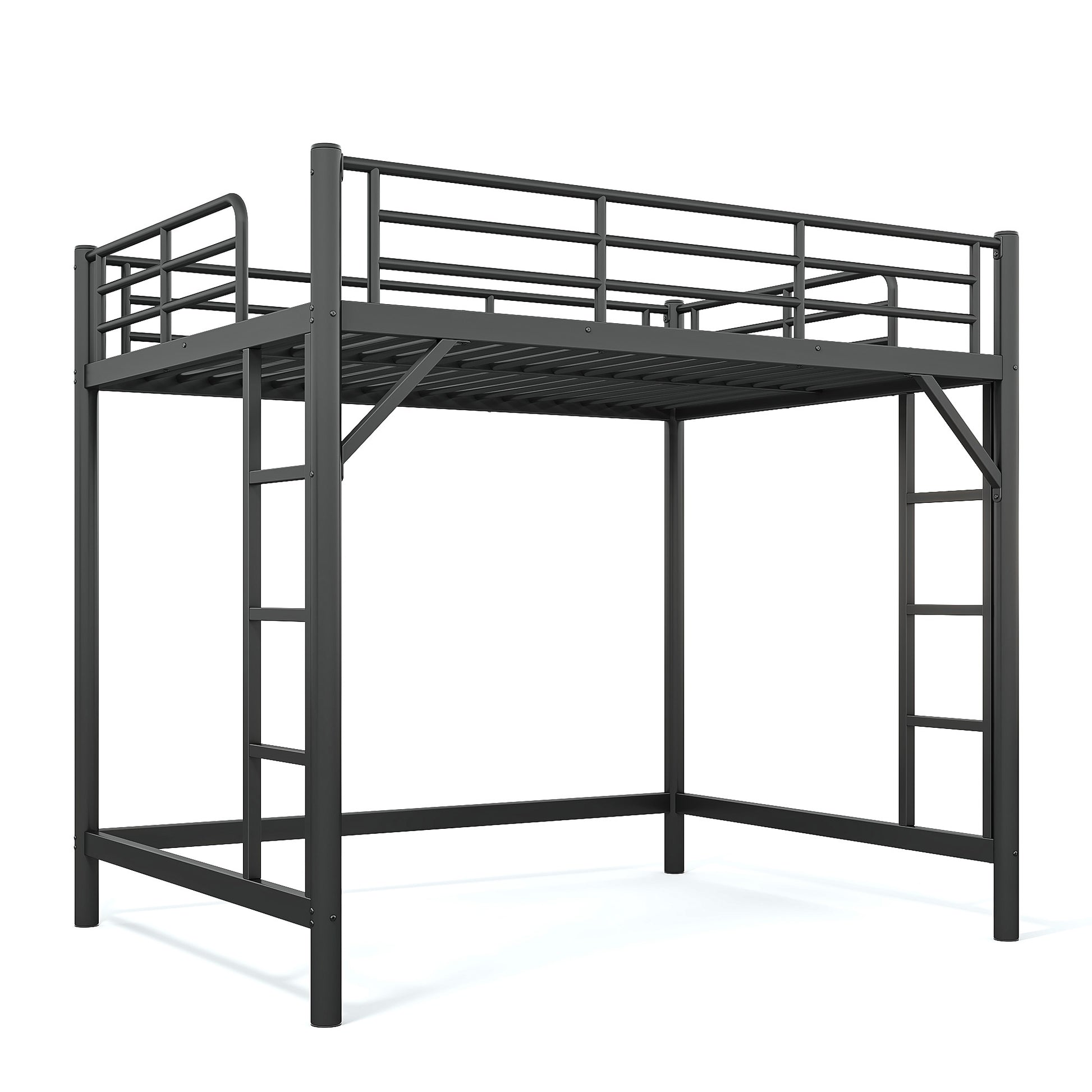 variant-group:rf-w1580p455015|Roomfitters Full Size Metal Loft Bed Frame with Guardrails, Heavy Duty Space Saving High Loft Bed Dual Ladders, Black
