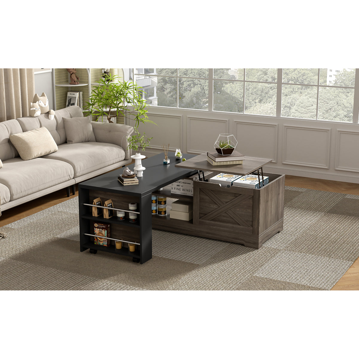 variant-group:rf-n724p351732e|Roomfitters Farmhouse Lift Top Coffee Table with Barn Doors and Outlets, Brown & Black