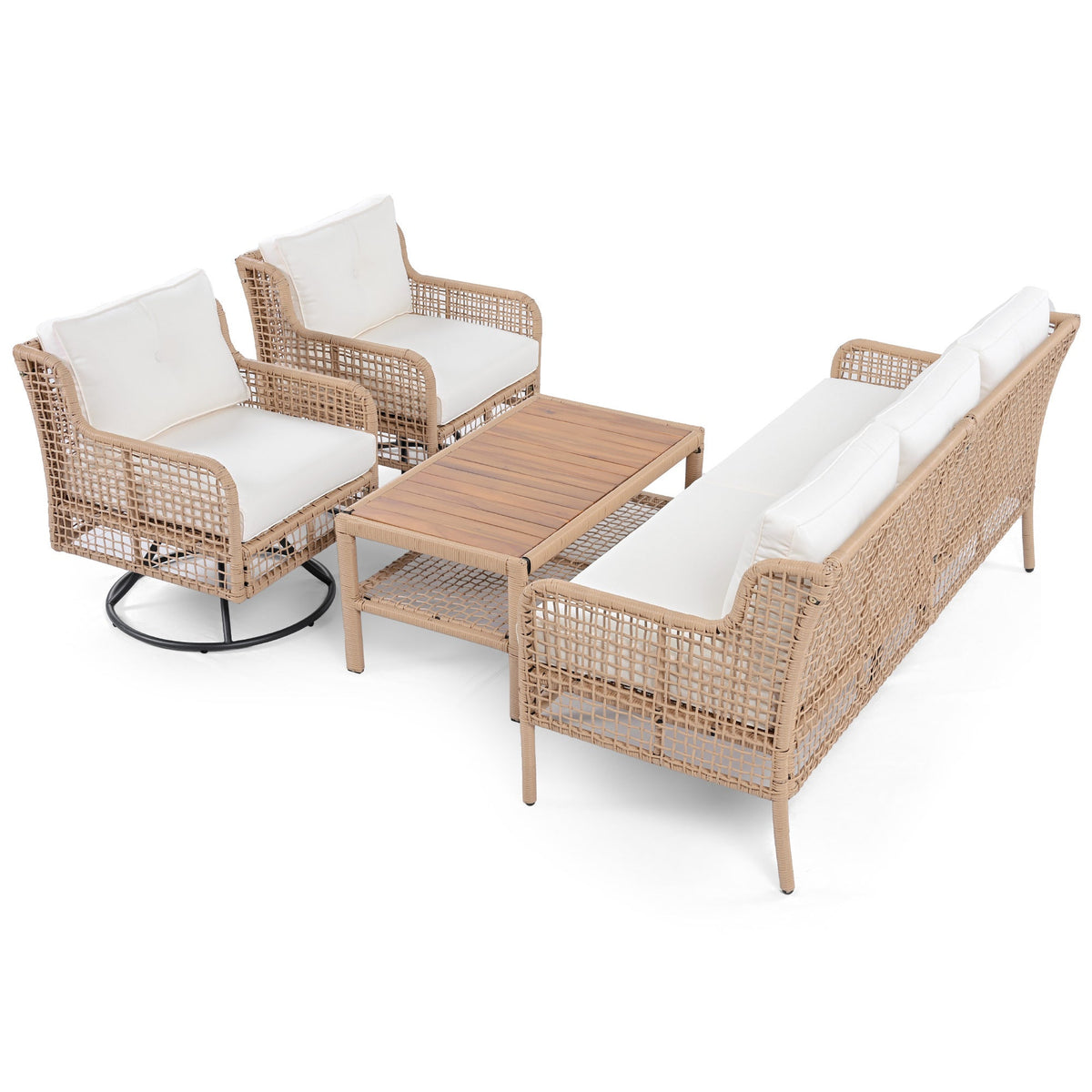 Roomfitters 4-Piece Patio Furniture Set with 360-Degree Swivel Rocking Chairs and Storage Coffee Table Beige Roomfitters
