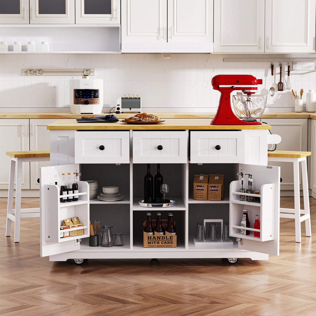 variant-group:rf-n707s003007w|Roomfitters 53" Kitchen Island with 2 Bar Stools, Drop Leaf, Power Outlet, Rolling Kitchen Cart Set with Storage, White