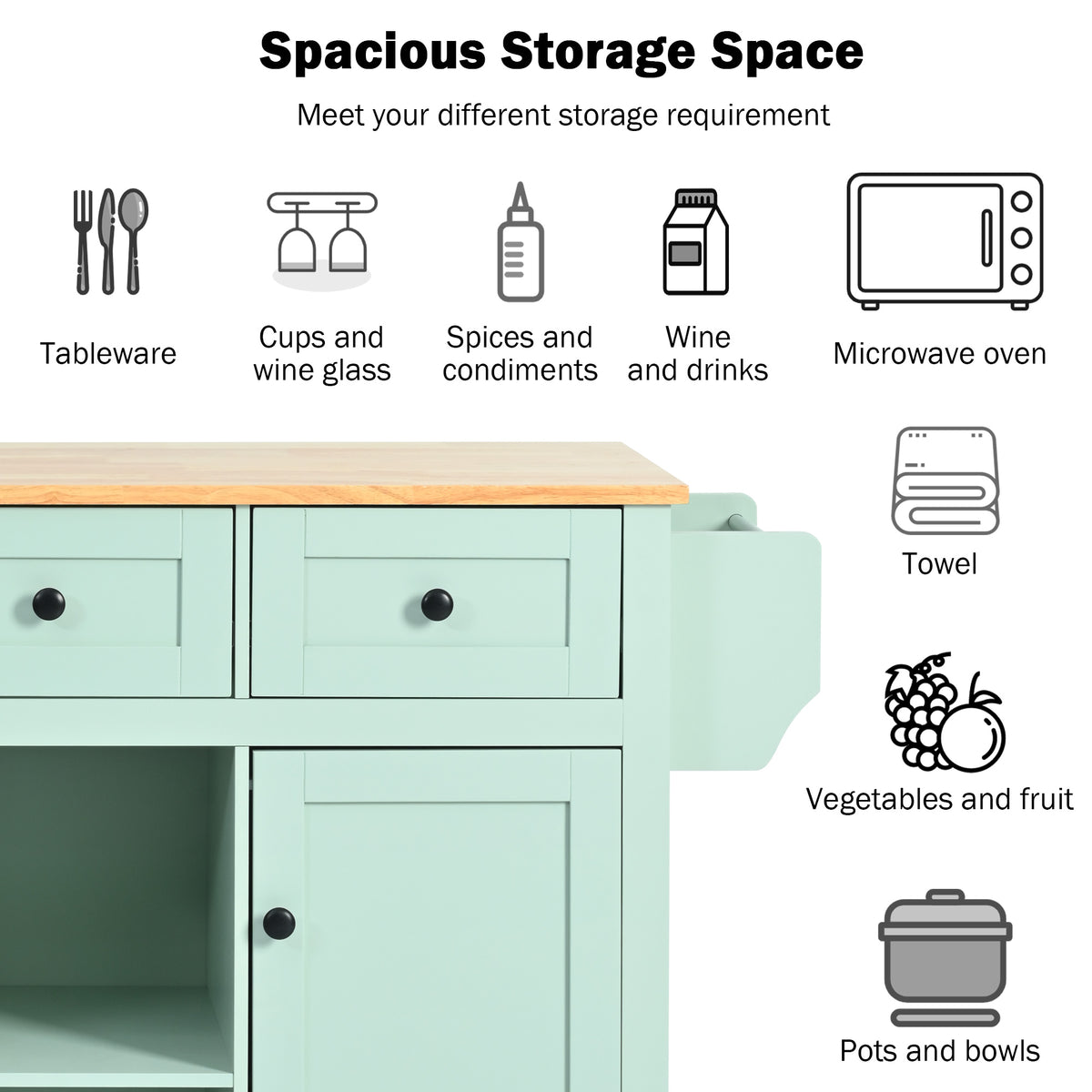 variant-group:rf-n707wf298028aae|Roomfitters Kitchen Cart with Rubber Wood Drop-Leaf Countertop, Cabinet Door Storage Racks, 5-Wheel Kitchen Island with Storage Cabinet & 3 Drawers, Mint Green