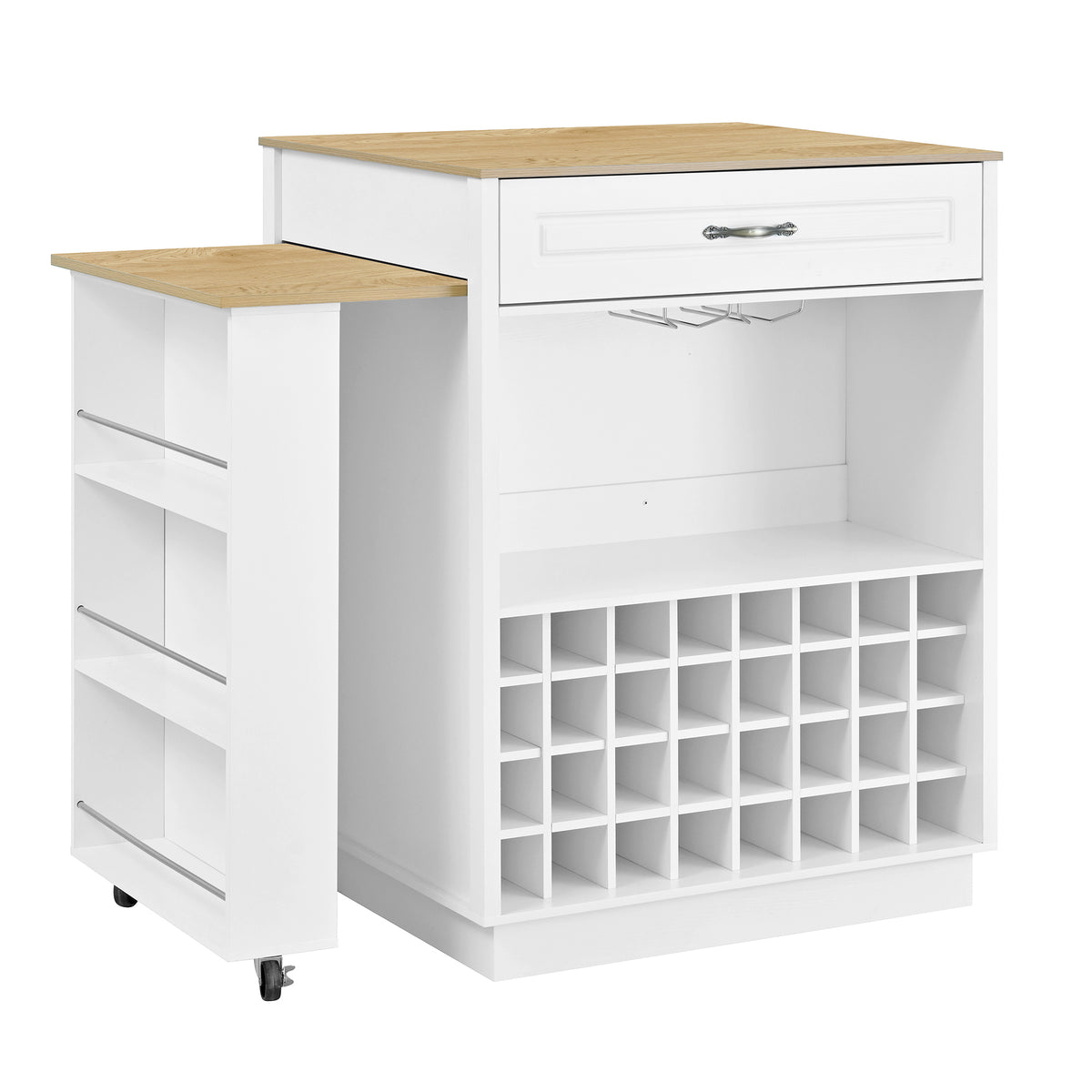 variant-group:rf-n711wy000493aak|Roomfitters White and Natural Wood MDF Extendable Bar Cabinet, Rolling Kitchen Island Table, Wine Rack Storage